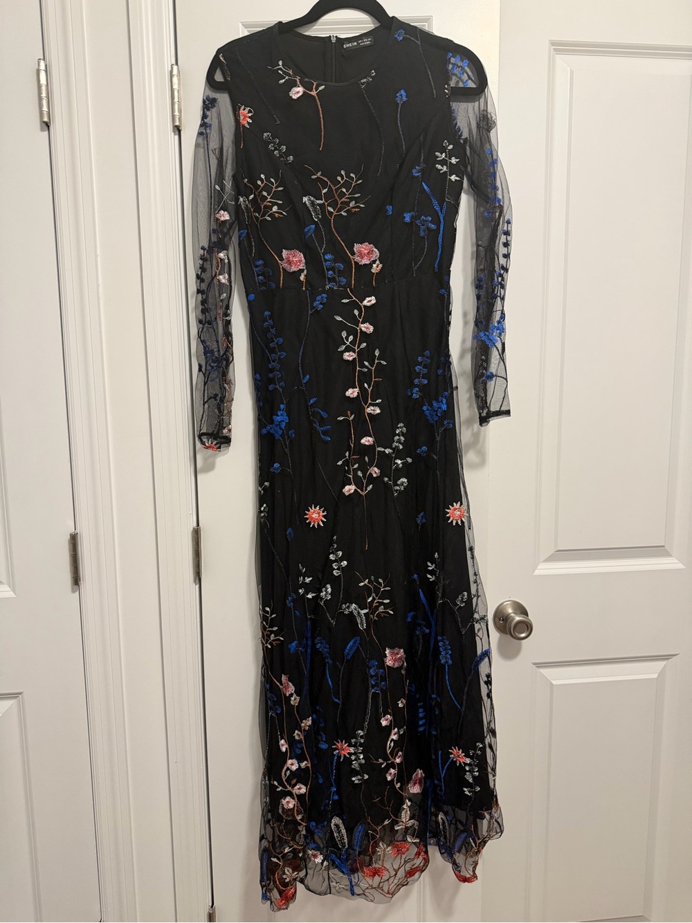 SHEIN Black Mesh Maxi Dress with Blue and Pink Floral Embroidery